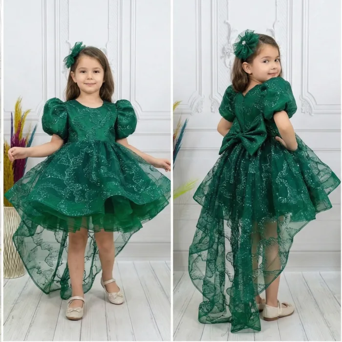 Zümrüt yeşili Parıltılı Kısa Kol Kabarık Kuyruklu Abiye Elbise Gelinlik