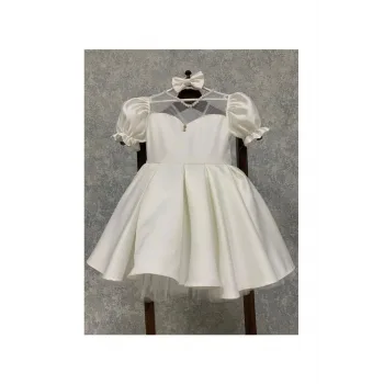 Kız Çocuk Krem incili Detaylı Prenses Kabarık Elbise