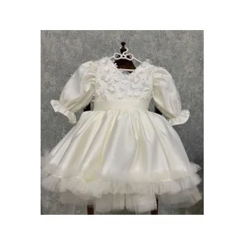 kız Çocuk Krem Çiçek Detaylı Kol Incili Prenses Kabarık Elbise