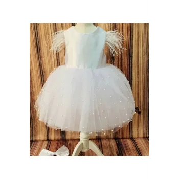 Kız Çocuk Beyaz İncili Prenses Kol Tüy Detayli