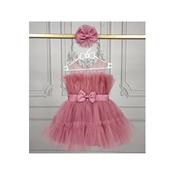 Kız Çocuk Gül Kurusu Şeffaf Üst Ön Fiyonk Detaylı Kemerli Kabarık Elbise