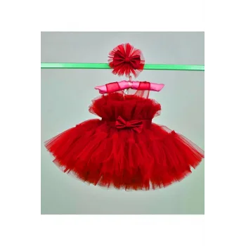 Kız Çocuk Kırmızı Şeffaf Üst Ön Fiyonk Detaylı Kemerli Kabarık