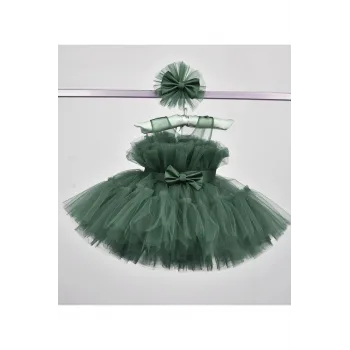 Kız Çocuk Zümrüt Yeşilli Şeffaf Üst Ön Fiyonk Detaylı Kemerli Kabarık