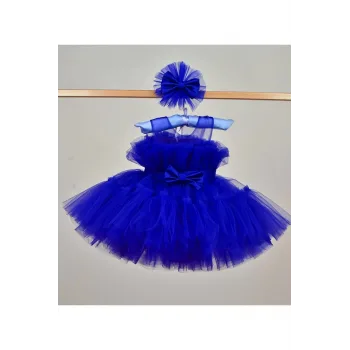 Kız Çocuk Saks Mavisi Şeffaf Üst Ön Fiyonk Detaylı Kemerli Kabarık