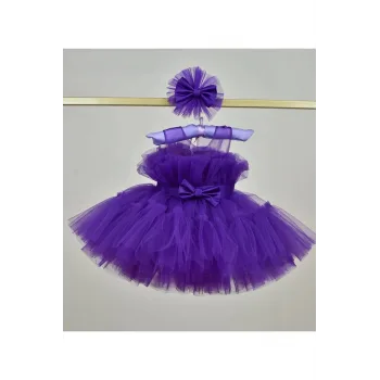 Kız Çocuk Mor Şeffaf Üst Ön Fiyonk Detaylı Kemerli Kabarık