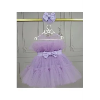 Kız Çocuk Lila Şeffaf Üst Ön Fiyonk Detaylı Kemerli Kabarık