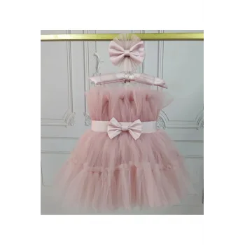 Kız Çocuk Pudra Şeffaf Üst Ön Fiyonk Detaylı Kemerli Kabarık