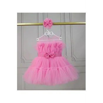 Kız Çocuk Pembe Şeffaf Üst Ön Fiyonk Detaylı Kemerli Kabarık
