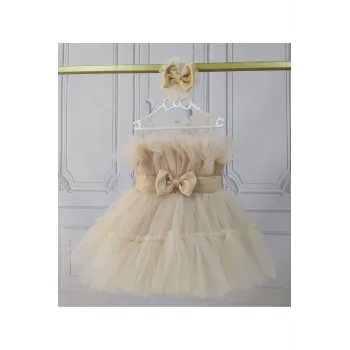 Kız Çocuk Bej Şeffaf Üst Ön Fiyonk Detaylı Kemerli Kabarık