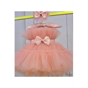 Kız Çocuk Somon Şeffaf Üst Ön Fiyonk Detaylı Kemerli Kabarık