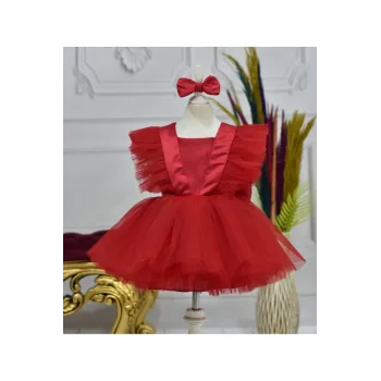 Kız Çocuk Kırmızı Kelebek Kabarık Elbise