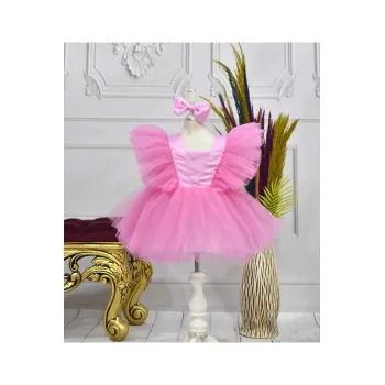 Kız Çocuk Pembe Kelebek Kabarık Elbise