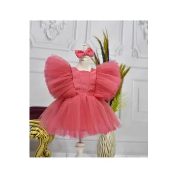 Kız Çocuk Nar Çiçeği Kelebek Kabarık Elbise