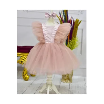 Kız Çocuk Pudra Kelebek Kabarık Elbise