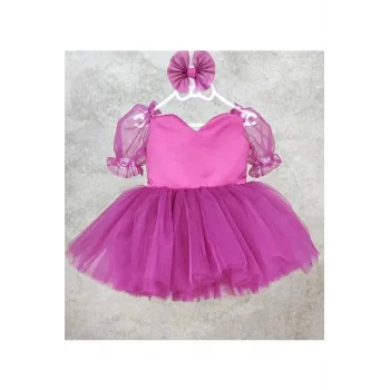 Kız Çocuk Fuşya Kalp Detaylı Kısa Balon Kol Kabarık Elbise