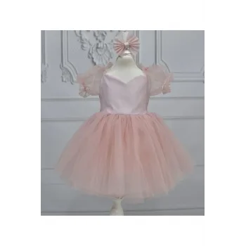 Kız Çocuk Pudra Balon Kısa Kol Kabarık Elbise