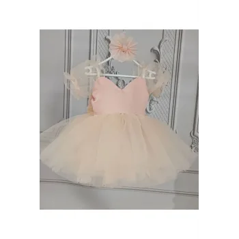 Kız Çocuk Somon Kalp Detaylı Kısa Balon Kol Kabarık Elbise