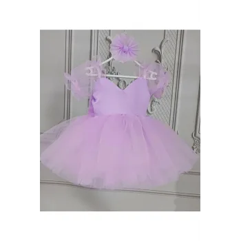 Kız Çocuk Lila Kalp Detaylı Kısa Balon Kol Kabarık Elbise