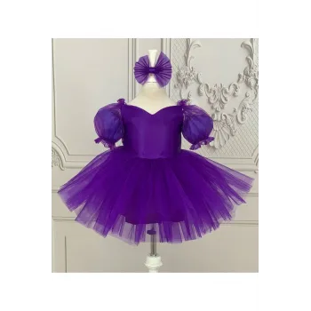 Kız Çocuk Mor Kalp Detaylı Kısa Balon Kol Kabarık Elbise