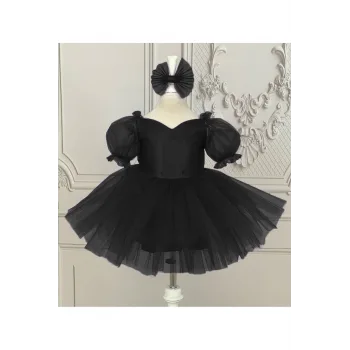 Kız Çocuk Siyah Kalp Detaylı Kısa Balon Kol Kabarık Elbise