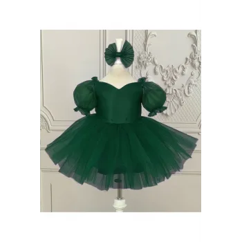 Kız Çocuk Zümrüt Yeşili Kalp Detaylı Kısa Balon Kol Kabarık Elbise