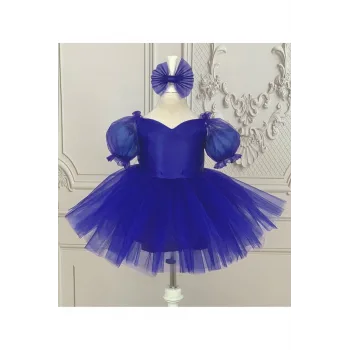 Kız Çocuk Saks Mavisi Kalp Detaylı Kısa Balon Kol Kabarık Elbise