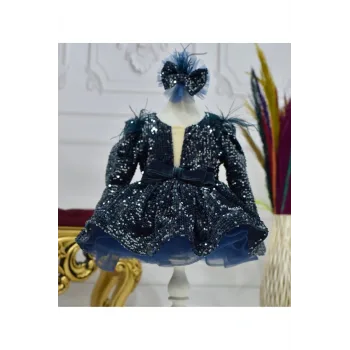 Kız Çocuk İndigo Payetli Ön Dekolteli Kol Tüy Detaylı Uzun Kol Kabarık Elbise