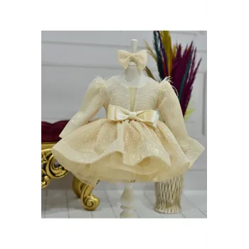 Kız Çocuk Bej Payetli Ön Dekolteli Kol Tüy Detaylı Uzun Kol Kabarık Elbise