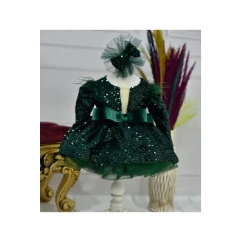 Kız Çocuk Zümrüt Yeşili Payetli Ön Dekolteli Kol Tüy Detaylı Uzun Kol Kabarık Elbise