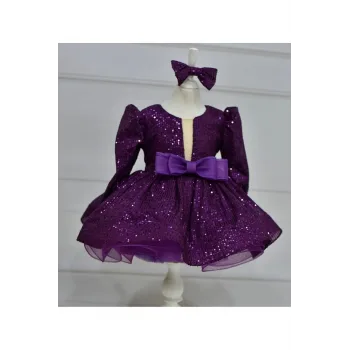 Kız Çocuk Mürdüm Payetli Ön Dekolteli Kol Tüy Detaylı Uzun Kol Kabarık Elbise