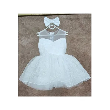 Kız Çocuk Beyaz Parıltılı Kalp Detaylı Şeffaf Sıfır Kol Kabarık Abiye Elbise