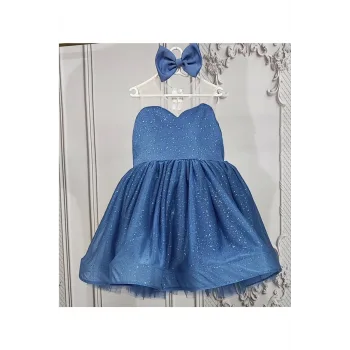 Kız Çocuk İndigo Parıltılı Kalp Detaylı Şeffaf Sıfır Kol Kabarık Abiye Elbise