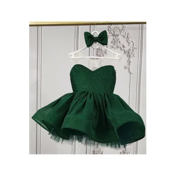 Kız Çocuk Zümrüt Yeşili Parıltılı Kalp Detaylı Şeffaf Sıfır Kol Kabarık Abiye Elbise