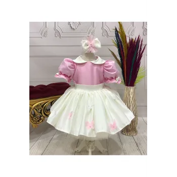 Kız Çocuk Şeker Pembesi Krem Bebe Yakalı Etekli Kelebek İşlemli Kabarık Elbise
