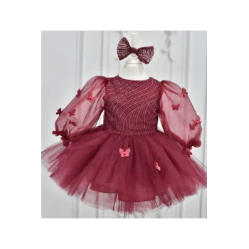 Kız Çocuk Bordo Parıltılı Uzun Kol Şeffaf Kelebek Detaylı Kabarık Tütülü Elbise