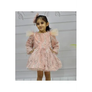 Kız Çocuk Somon Pullu Pamuklu Kol Tül Tüy Detaylı Kabarık Elbise