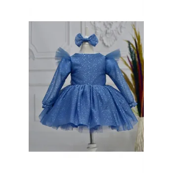 Kız Çocuk İndigo Damlacıklı Parıltılı Kol Tüy Detaylı Kabarık Elbise