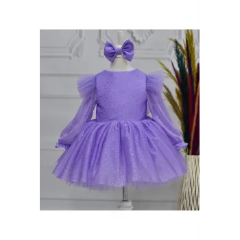 Kız Çocuk Lila Damlacıklı Parıltılı Kol Tüy Detaylı Kabarık Elbise