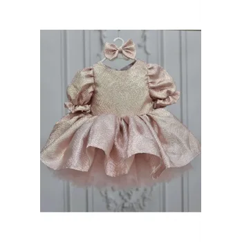 Kız Çocuk Somon Parıltılı Kloş Balon Kol Kabarık Elbise