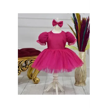 Kız Çocuk Fuşya Puantiyeli Flok Prenses Kol Kabarık Elbise