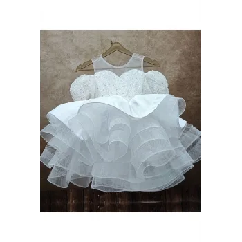 Kız Çocuk Elbise Beyaz Parıltılı Üstü Şeffaf Kalp Detaylı Balon Kol Ekstra Grenli Kabarık Abiye