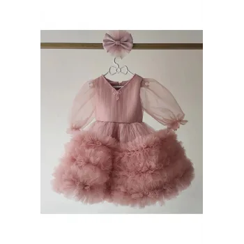 Kız Çocuk Pudra Yaka İşlemeli Fiyonklu Etek Fırfırlı Kabarık Elbise