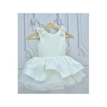 Kız Çocuk Krem Parıltılı Omuz Fiyonk Detaylı Etek Grenli Kabarık Elbise