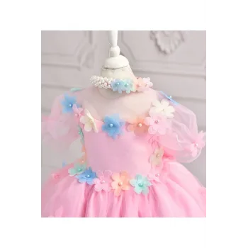 Kız Çocuk Pembe Özel Çiçek Detaylı işlemeli Uzun Kabarık Abiye Elbise
