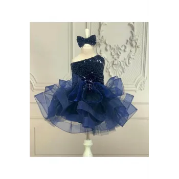 Kız Çocuk Lacivert Payetli Grenli Tek Omuz Kabarık Elbise