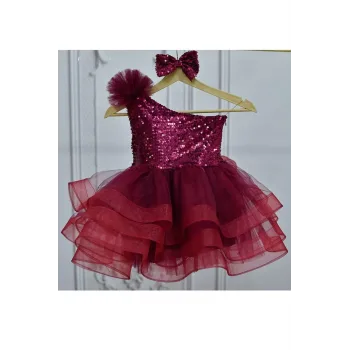 Kız Çocuk Bordo Payetli Grenli Tek Omuz Kabarık Elbise