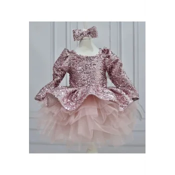 Kız Çocuk Pudra Payetli Pullu Kare Yaka Uzun Kol Kabarık Elbise