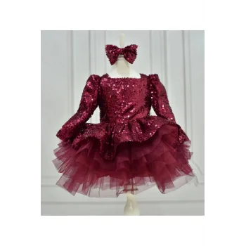 Kız Çocuk Bordo Payetli Pullu Kare Yaka Uzun Kol Kabarık Elbise