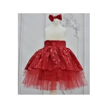 Kız Çocuk Kırmızı Payetli Tütü Özel Dikim Kabarık Mini Etek