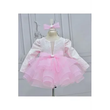 Kız Çocuk Üst Dokuma Kumaş Ön Dekolte Detaylı Şeker Pembesi Grenli Kabarık Elbise